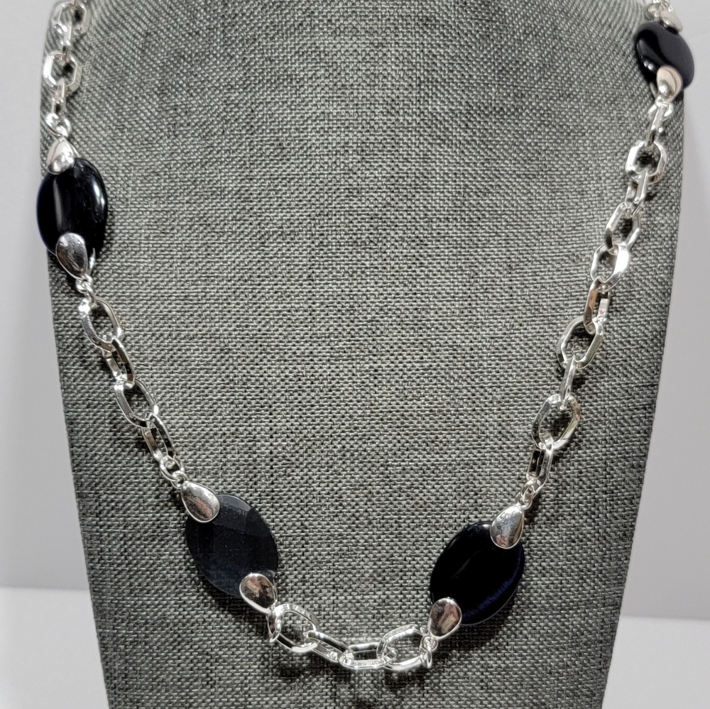 Monet Silver Tone Link Style Chain Black & Grey Faux Stones Necklace & Bracelet